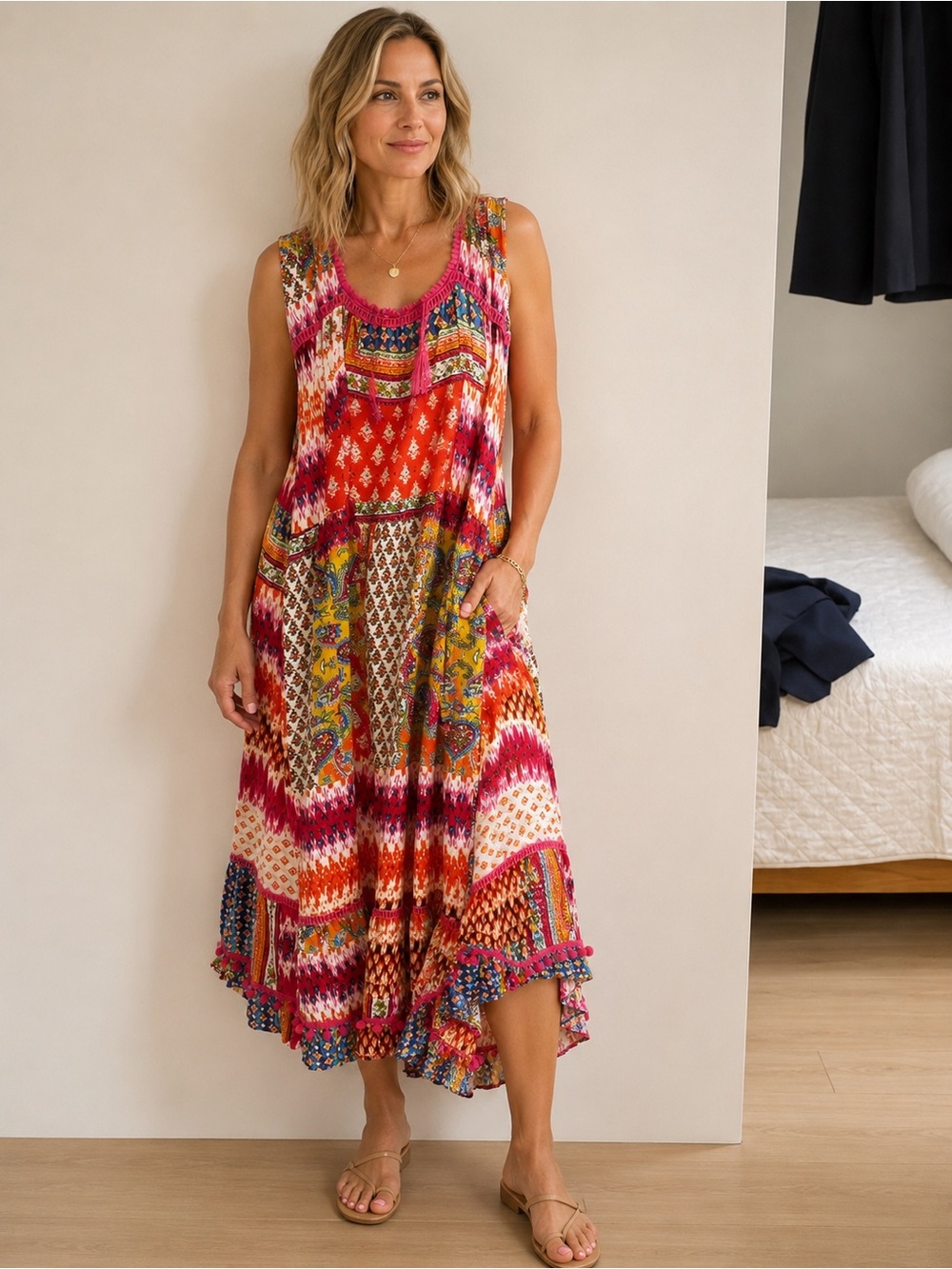 Source Unknown Vibrant Multi-Pattern Maxi Skirt in Orange, Yellow, Pink, Blue